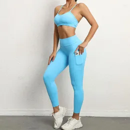 Calças femininas de duas peças Tente BN Fitness Yoga Set Side Pocket Tracksuit Sportswear Cintura Alta Leggings Workout Sports Gym Outfit Roupas