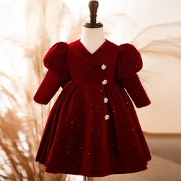 Girls 1st birthday party dresses kids lapel pearls buckle puff sleeve Bows princess dress children christmas red sequins velvet clothes Z4358