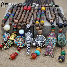 whole Yumfeel Handmade Nepal Jewelry Buddhist Mala Wood Beads Pendant Necklace Ethnic Horn Fish Long Statement Necklace For Wo2746