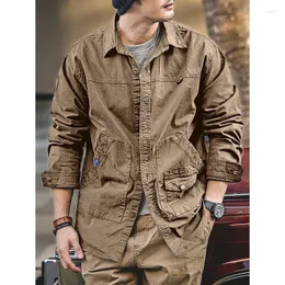 Herrjackor American Retro Work Jacket Spring and Autumn Trendy Brand Loose Size 2023 Inch Shirt Outdoor Hunting Shir