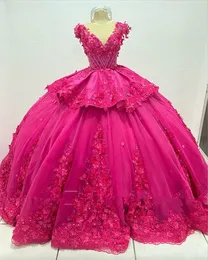 Fucsia Princess Quinceanera Dresses 2023 Sheer Neck Lace-Up Corset 3D Floral Black Girl Vestitido de 15 Anos Quinceanera Princesa