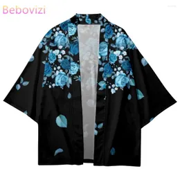 Ethnic Clothing Fashion Design Blue Rose Flower Print Traditional Cardigan Tops Japanese Kimono Women Beach Yukata Streetwear Haori