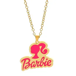 Simpatiche collane con lettere di Barbie Ciondolo rotondo di colore rosa con catena a maglie dorate Ciondoli per gioielli da principessa per ragazze Accessori di design di moda per regali da donna