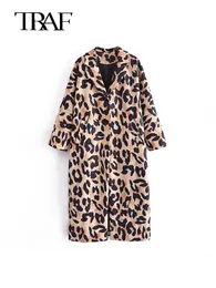 Misto lana da donna TRAF Cappotto da donna con stampa animalier Cappotto lungo da donna vintage casual doppiopetto da ufficio Autunno Inverno Cappotti streetwear 230923