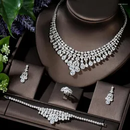 Halsbandörhängen Set Hibride Exclusive Cubic Zirconia 4pcs Jewelry 2023 Shining Copper Tassel Dubai för Ladies Collier Mariagen-1223