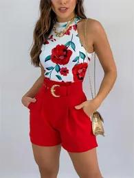 Women's Tracksuits 2023 Women Summer Vest And Shorts Sets Casual Sleeveless Halter Tank Tops High Waist With Belt 2Pcs Suits