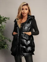 Women's Vests 2023 Fashion Autumn And Winter Sleeveless Patent Hooded Front Zipper Button Details Solid Puffer Coat Outdoor Warm Clothing 230925