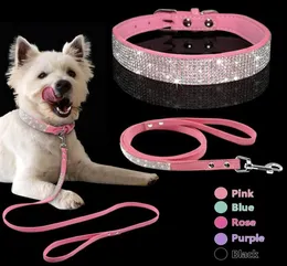Adjustable Suede Leather Puppy Dog Collar Leash Set Soft Rhinestone Small Medium Dogs Cats Collars Walking Leashes Pink Xs S M2226503
