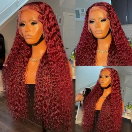 Colorido vermelho frente do laço perucas de cabelo humano encaracolado hd peruca frontal do laço para as mulheres onda profunda borgonha 13x4 transparente peruca vermelha sem cola