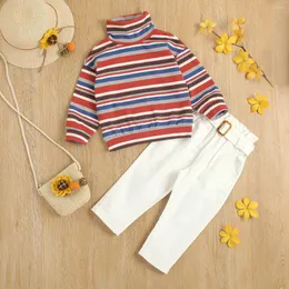 服のセット秋のファッションの子供の服ロングスリーブストライプのタートルネックトップベルトバッドパンツRoupa Infantil Menina Kids Clothes Girls