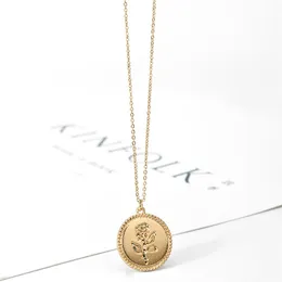Srcoi Dainty Gold Color Rose Necklace Pendant Round Coin Geometric Chain Choker Necklace Women Party Medallion Fashion Jewelry2494