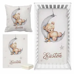 Bedding sets LVYZIHO Sleeping Bear Custom Name Crib Bedding Set Sleeping Bear Sleep on Moon Baby Shower Gift Bedding Set 230923