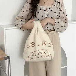 Totoro dos desenhos animados bordado cordeiro tecido bolsa para mulheres meninas japão ins bolsa de ombro tote pele macia shopper dropshipping 220923