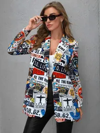 ヴィンテージレター不規則な印刷ブレザー女性ジャケットハイストリートファッションフォールプラスサイズエレガントレディコートアメリカンスタイリッシュ