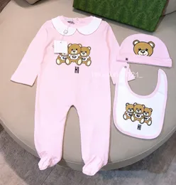 3st/set nyfödd baby flicka romper bomullskläder tryck söt tecknad björn nyfödda flickor jumpsuits hatt haklappar outfit