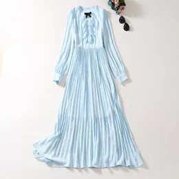 2023 Autumn Blue Solid Color Ribbon Tie Bowknot Dress Lång ärm Runda halspanelen MIDI Casual Dresses A3S150904-06