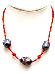 Catene Qingmos Barocco 14 25mm Collana con pendente di perle nere naturali per donne con gioielli girocolli in corallo rosso 3-4mm