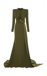 Party Dresses Elegant Long Green V-Neck Crepe Evening Mermaid Sweep Train Zipper Back Vestidos De Noche Prom Gowns For Women