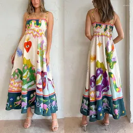 Casual Dresses Floral Print Dress Kvinnor ärmlös hög midja vestidos sommar en linje elegant snörning tätt lång 2023