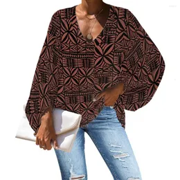 Kvinnors blusar Autumn Chiffon Blus Shirt Topps 2023 V-ringad kvinna Casual Loose Polynesian Tribal Brown Tapa Samoa Tonga Print Lantern