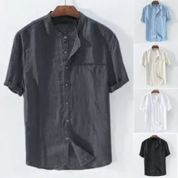 Men's Casual Shirts Baggy Cotton Blend Solid Color Short Sleeve Tops Blouse Slim Fit Male Mens Stand Collar Chemise Homme Manche Court