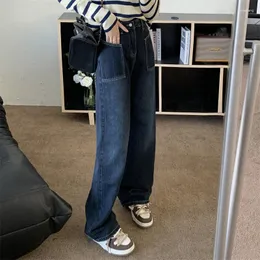 Kvinnors jeans sammet tjock vintage med högvånt bred ben kvinnlig höst vinter lös rak full längd byxor mångsidiga avslappnade byxor