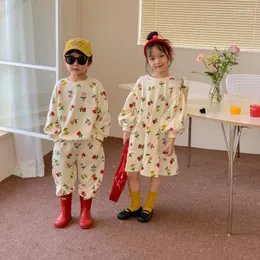 衣料品セット2023韓国春秋の子供兄弟兄弟服の服セット印刷された花ウエストブラストドレススーツルーズストレッチ衣装