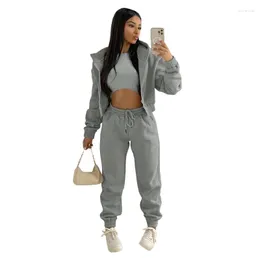 Calças femininas de duas peças elegante senhora lã 3 conjunto mulheres manga longa com capuz jaqueta colheita top cordão sweatpant ternos 2023 outono desportivo