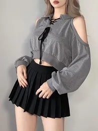Kvinnors hoodies y2k tröjor kvinnor grå skiva topp koreanska smala harajuku off axel damer bandage tröjor streetwear