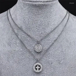 Pendant Necklaces Unisex Multilayer Hip Hop Cross Necklace Rhinestone Catholic Silver Color Round Religious Accessories Jewelry NA138S05