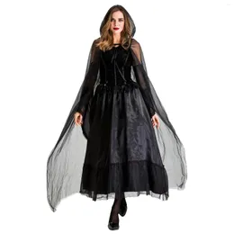 Casual Dresses Halloween Costumes for Women Cosplay Death Mage Lång klänning med huva kappa och handskar för att spela häxdräkt Vestido