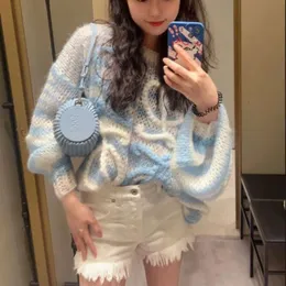 Loose and Lazy Striped Mohair Lantern Sleeve Sweater for Women's 2023 Autumn New Knitted Shirt Overlay Top