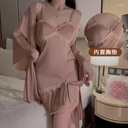 Women's Sleepwear 2Pcs Lace Robe Set Bride Women Rayon Nightgown Lingerie Female Kimono Bathrobe Gown Sleep Suit Nightwear Loungewear