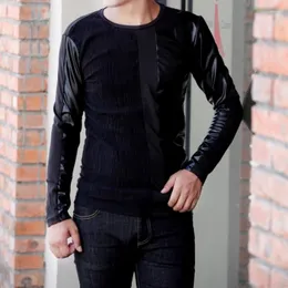 남자 T 셔츠 패션 패션 한국 남자 슬림 긴 슬리브 티셔츠 캐주얼 PU 가죽 패치 워크 풀오버 탑 하이 스트리트 가을 블랙 셔츠