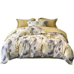 寝具セットスヴェタニャイエロー紫色の牧歌的な花柄のベッドリネンエジプトの綿の寝具セットクイーンキングサイズフィットシート羽毛布団カバーセット230923