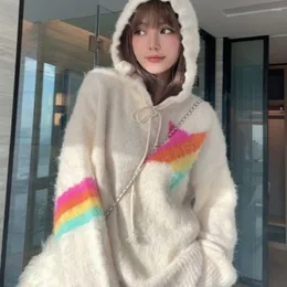 Women's Hoodies Rainbow Star Knitted Women Hoodie Sweater Preppy Fluffy Korean Fashion Sweet Girl Spring Autumn Loose Sweatshirt Top