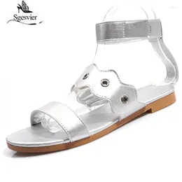 Sandals Sgesvier Women 2023 Summer Flat Fashion Pu Concise Beach Shoes Black Plus Size 49 50 G409