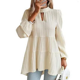 Kvinnors blusar Musuos Autumn Elegant Office Lady Shirt Topps Solid Color Women Lång ärm Hock Neck Cutout Pleated Loose Blause