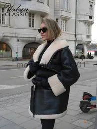 Women's Down Parkas Fashion Thicken Leather Fur Women's Coat 2023 Winter Long Sleeve Velvet Lapels Coats Female Street Black Engine Lady Bike Jacket J230925