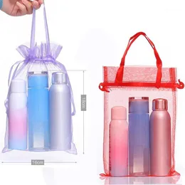 100pcs jewelry cosmetic display bag wedding gift gauze organza bag with handle storage yarn Christmas tote package pouches 18 281217b