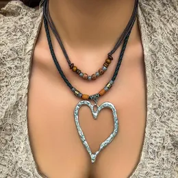 Kedjor etnisk justerbar lång repkedja med stort kärlek hjärthänge choker halsband kvinnor överdrivna ihåliga form smycken steampunk