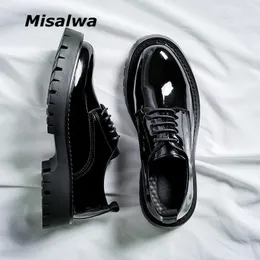 Klänningskor Misalwa Mid Heel Men Oxford Shoes Patent Leather British Men's Office Shoes Men Dress Shoes Formal Lace-Up Black Shoes 230925
