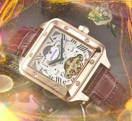 Square Roman Tank Moon Sun Cel Men Watch Watch Pełne mechaniczne mechaniczne ze stali nierdzewnej skórzany pasek Automatyczny ruch biznesowy