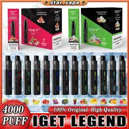 Original IGET LEGEND 4000 Puffs Einweg-Vapes Puff Pen E-Zigaretten-Pod 13 Geschmacksrichtungen Geräteset Leistungsstarker 1500-mAh-Akku 12 ml vorgefüllte Kartusche