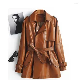 Women's Leather 2023 äkta jacka Autumn and Winter Sheepskin Coat Mid-long rockar Belted Chaqueta Cuero Mujer 1230