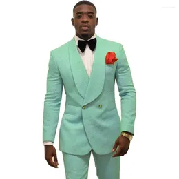 Men's Suits Groomsmen Turquoise Groom Tuxedos Shawl Lapel Men 2 Pieces Wedding Man Custom Made ( Jacket Pants Tie )