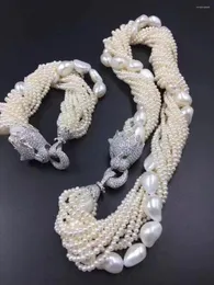 Kedjor 8 rader vita sötvatten pärla nära runda 3-5 mm halsband 19 tum armband leopard lås grossist naturpärlor fppj