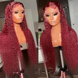 Mogolian Hair 99J Burgundy Deep Wave HD Transparent 13x4 Spitzenvorderperücke rote Farbe lockiger menschliches Haar Perücken für Frauen 360 Spitzenfront Perücken