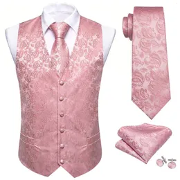 Men's Vests Luxury Silk Vest For Men Pink Silver Paisley Flower Waistcoat Tie Set Party Wedding Formal Business Sleeveless Jacket Barry Wang