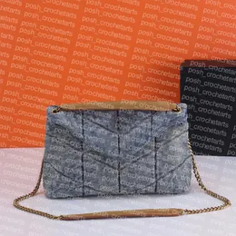 Denim Shoulder Bags for Women's Handbag Purses Genuine Leather Trim Denim Bag with Gold Chain